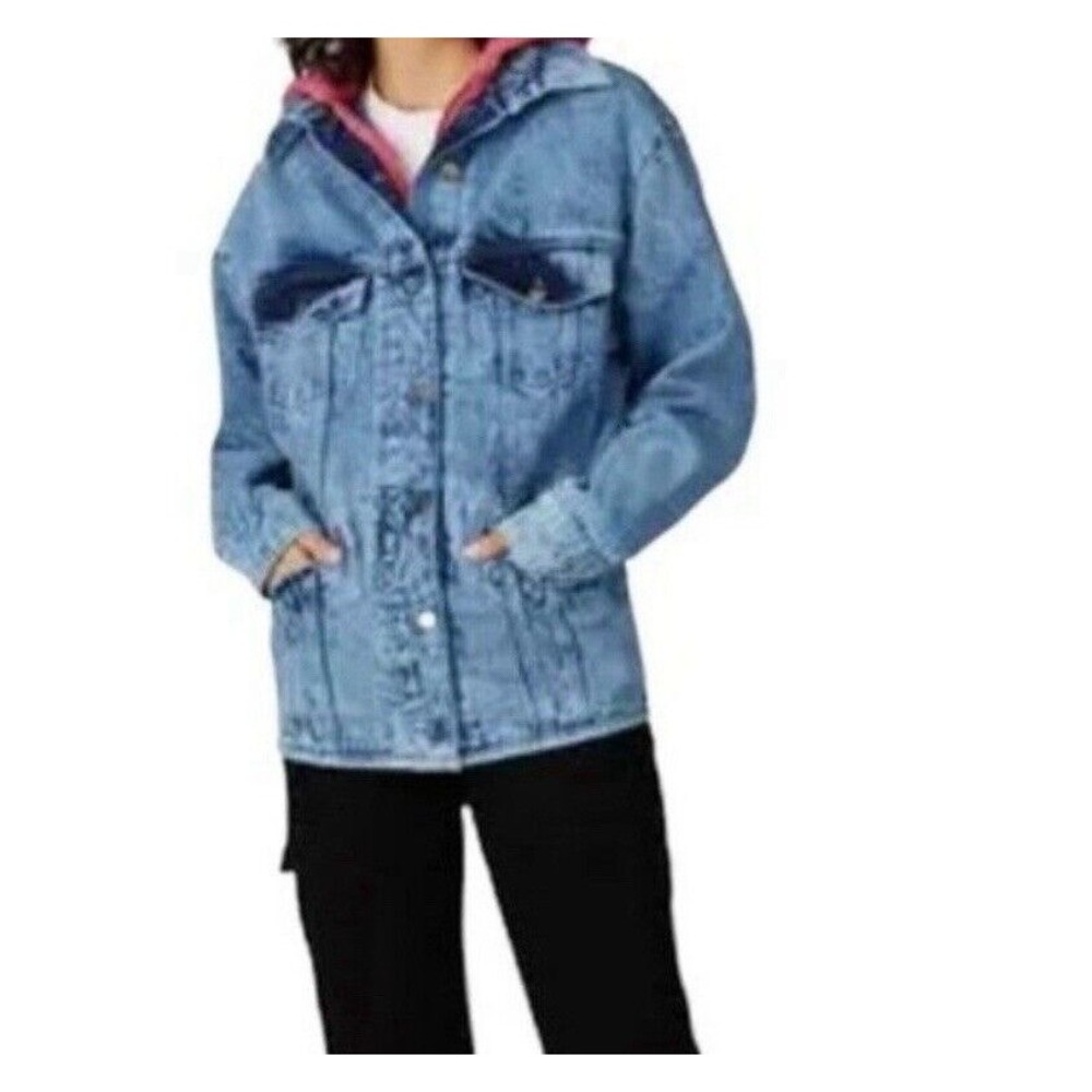 Sipos New York Womens M Denim Jean Jacket  Zinna Hooded Pink Knit  Y2K stye $135